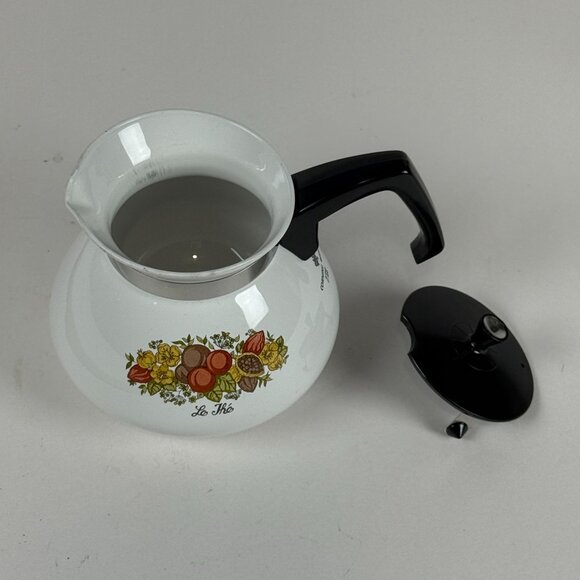 Vintage Corning Ware 6-Cup P-104 White Floral Enamel Coffee/Tea Pot With Lid & B - Picture 3 of 6